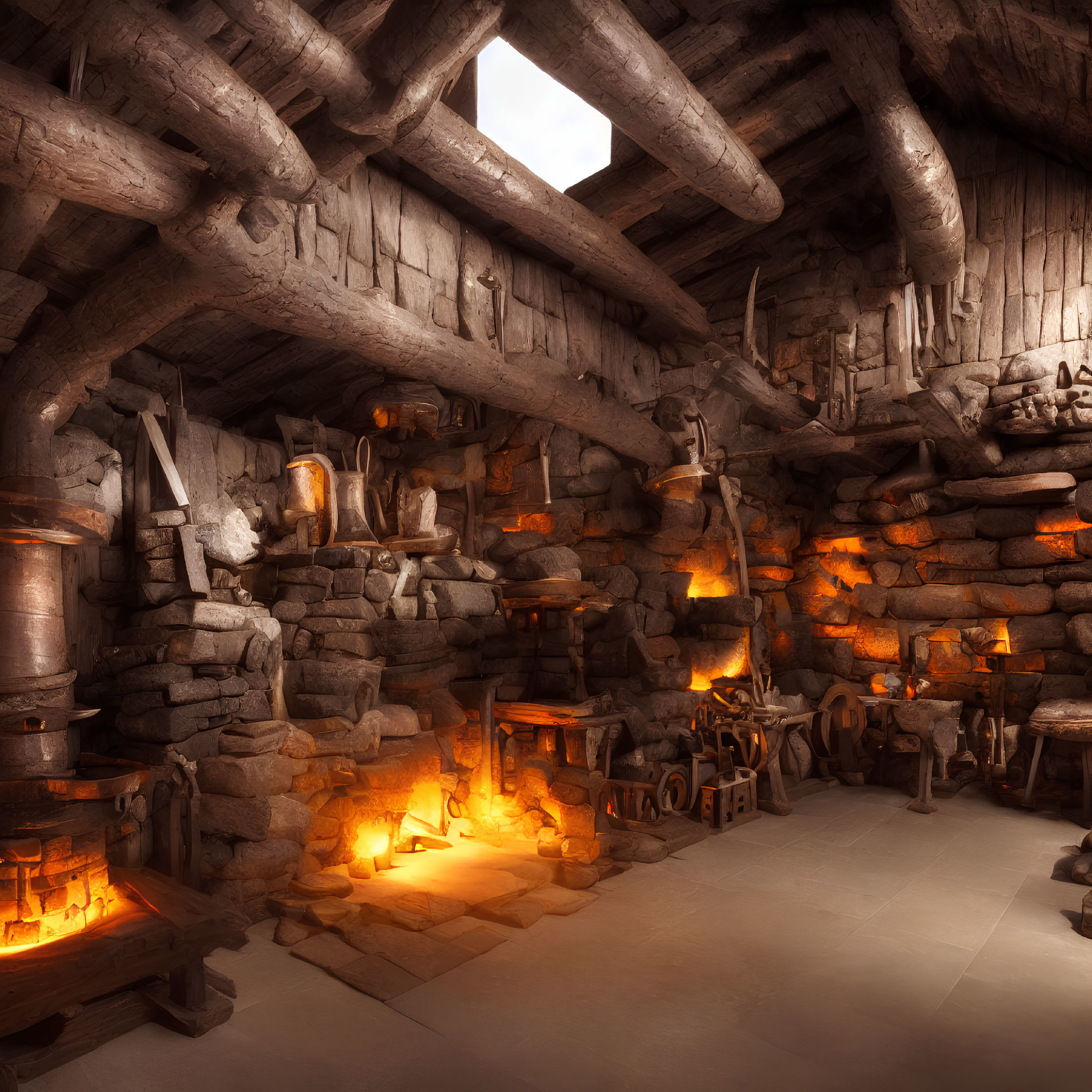 Medieval Blacksmith Workshop with Roaring Fire and Anvil