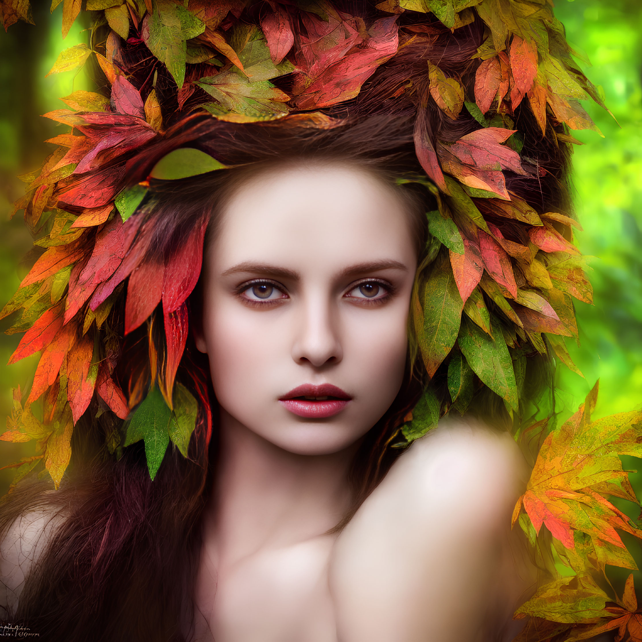 Woman with Vibrant Autumn Leaf Wreath: Fall Themed Portrait