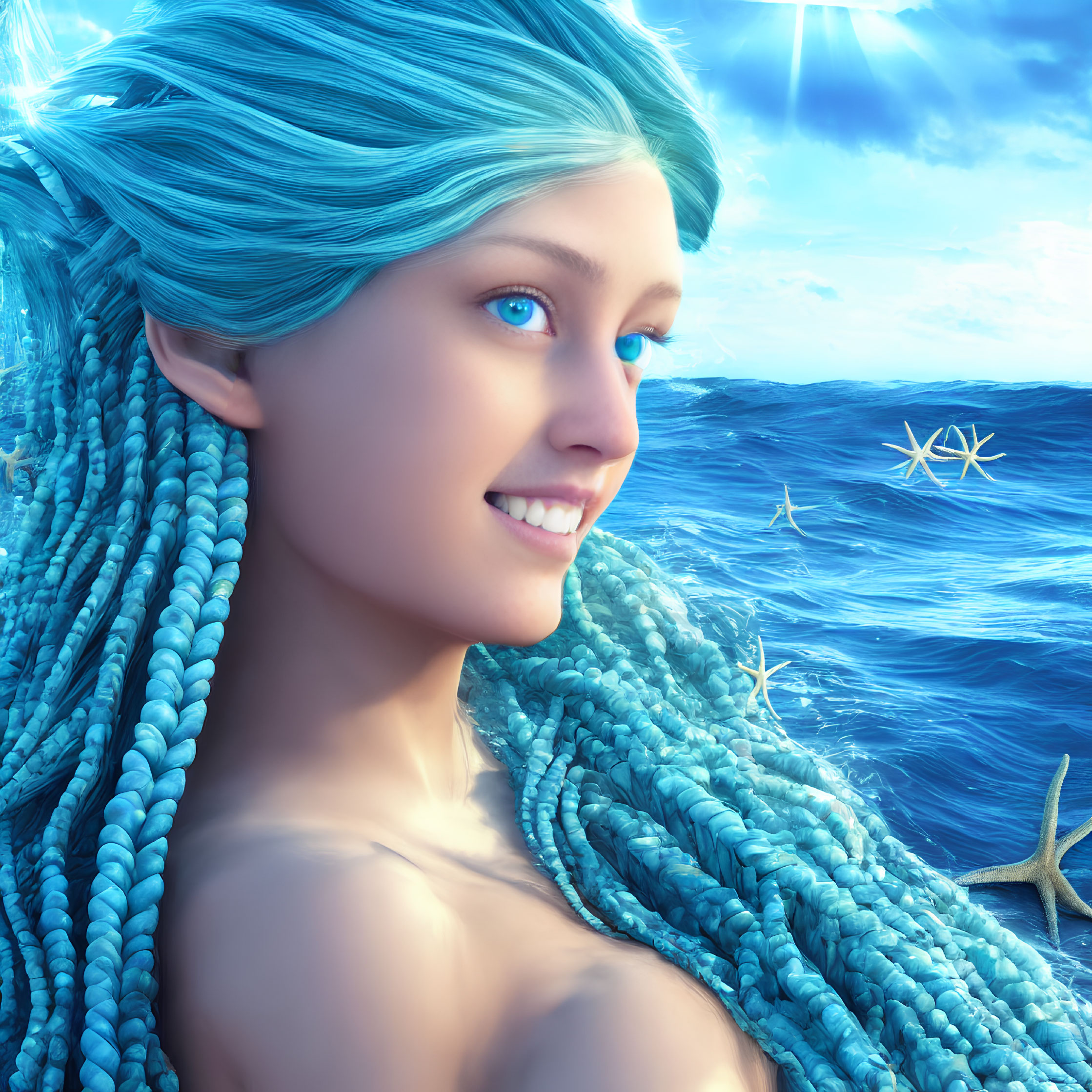 Whimsical portrait of female figure with turquoise hair and sea stars in ocean backdrop