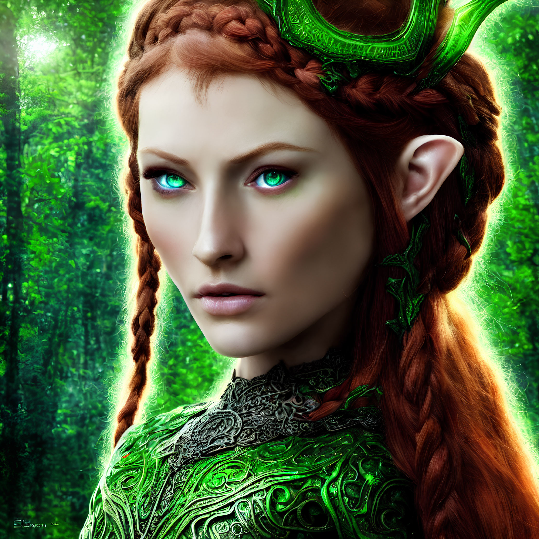 Fantasy female elf digital artwork with green eyes, headgear, red hair, and green armor in