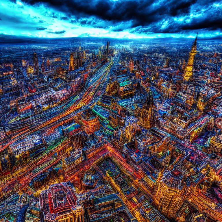 Vibrant aerial view of bustling city at dusk with prominent buildings