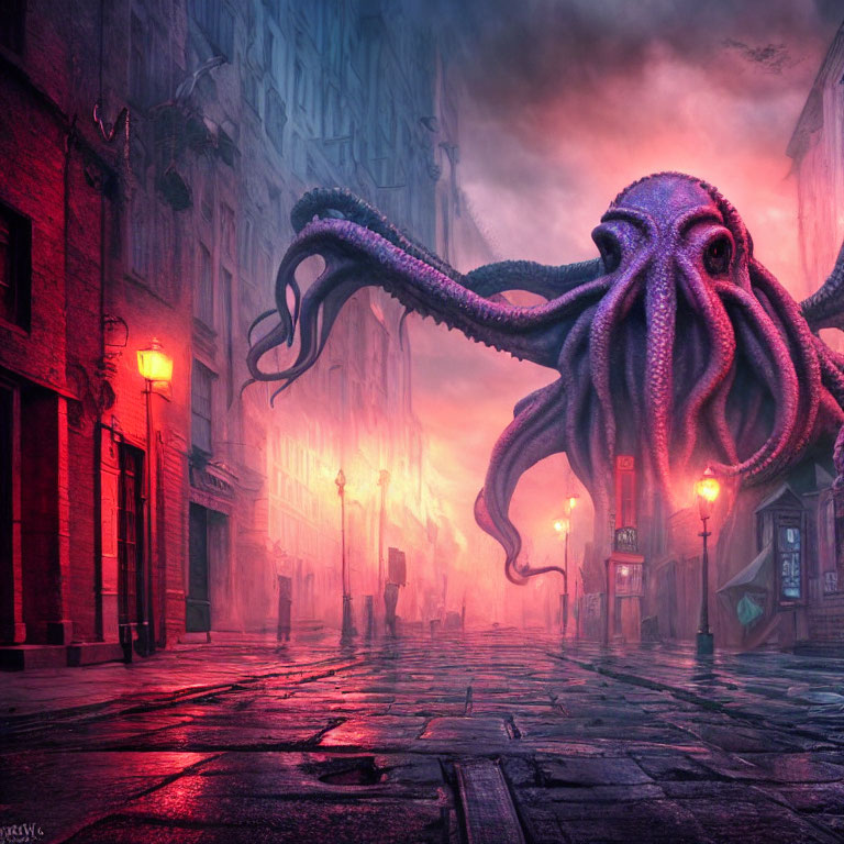 Gothic cityscape with colossal octopus-like creature at sunset