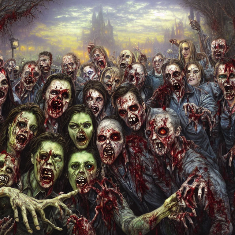 Gruesome zombies with bloodied faces under dim sky