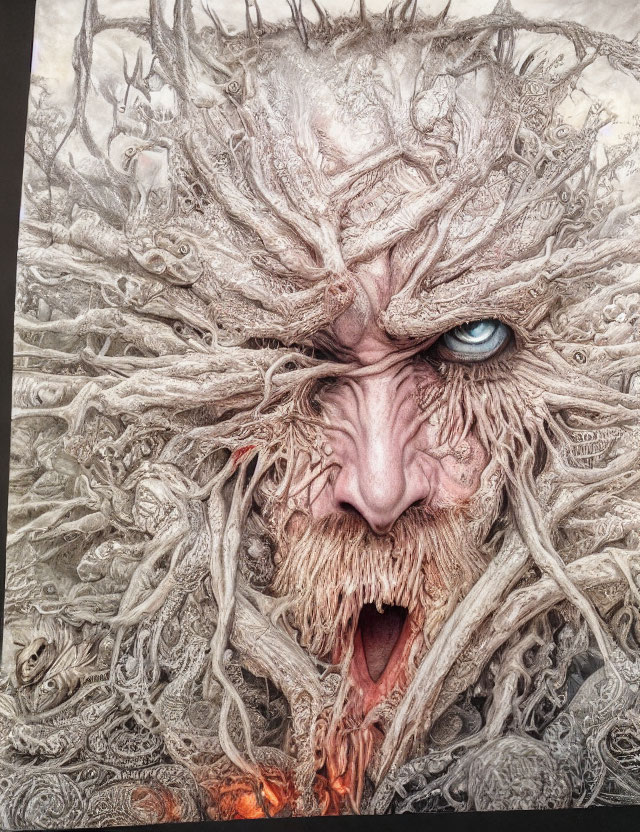 Detailed mythical tree-like creature with bark, roots, branches for hair, blue eyes, fiery mouth