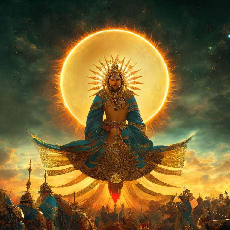 Radiant deity with multiple arms on ancient battlefield under solar eclipse