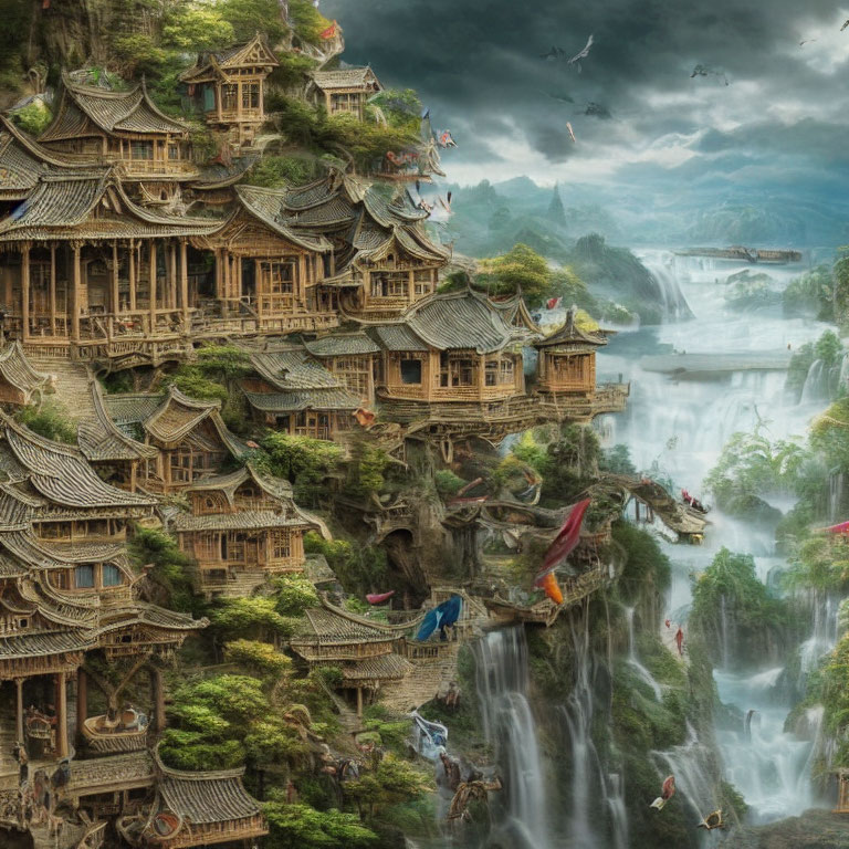 Traditional village on cliff with waterfalls, lush greenery, colorful birds, dramatic sky