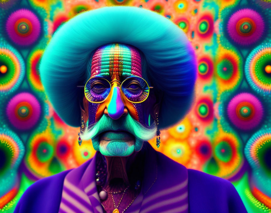 Colorful portrait with turban, sunglasses, and purple jacket on kaleidoscopic background