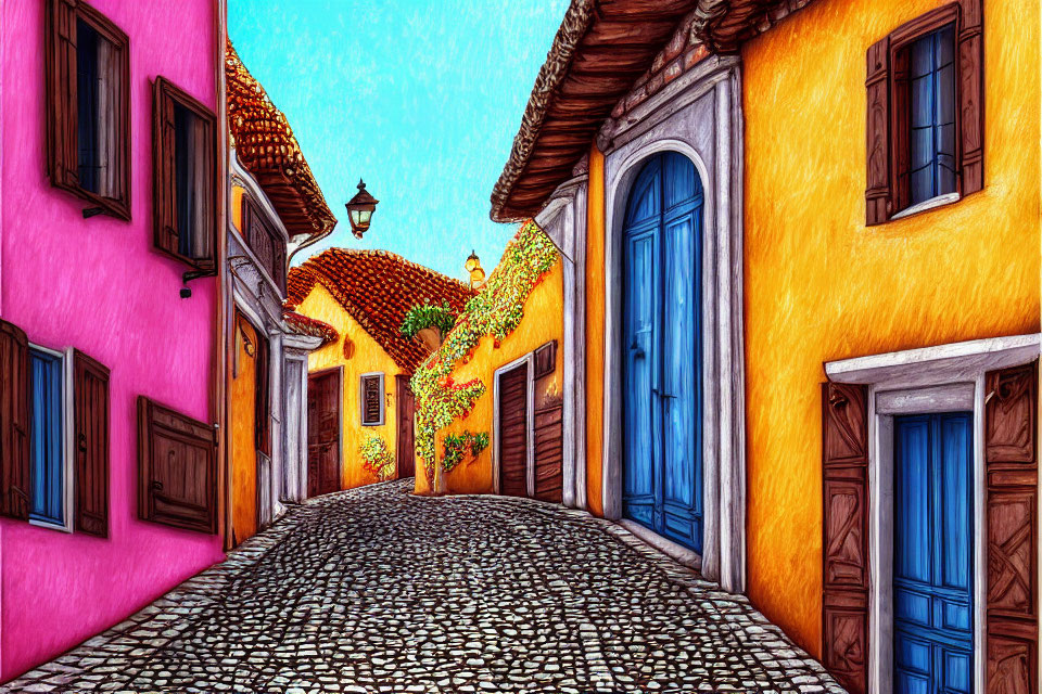 Colorful Cobblestone Street with Pink and Yellow Houses