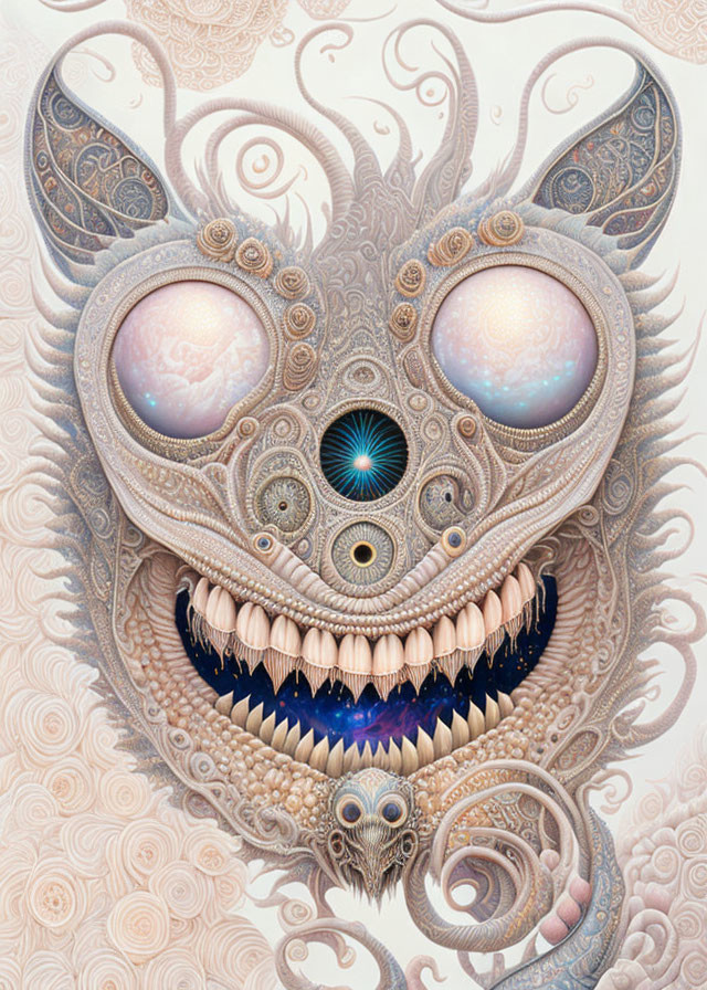 Intricate surreal creature with multiple eyes and sharp teeth on beige background