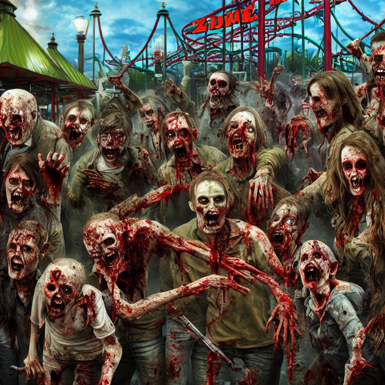 Gruesome zombies in tattered clothes at abandoned amusement park