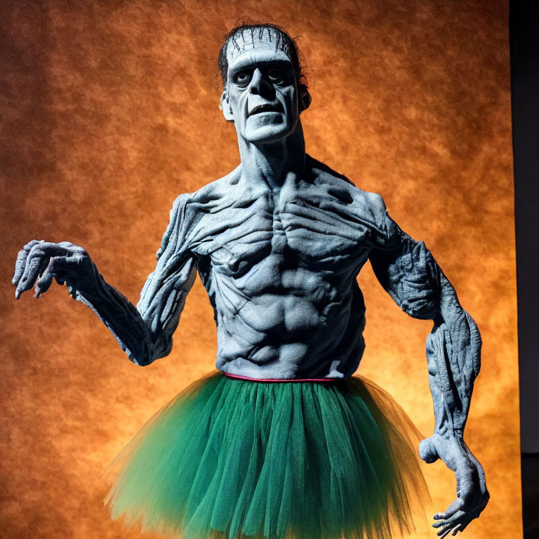 Elaborate Frankenstein's Monster Makeup with Green Tutu Pose