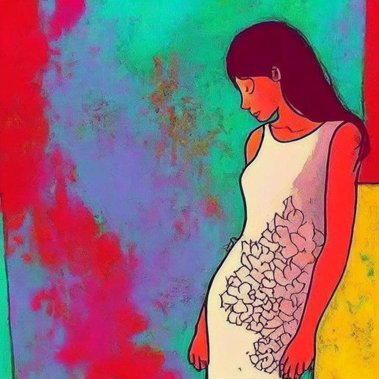 Vibrant abstract painting of woman with floral dress on textured background