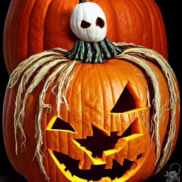 Three Stacked Jack-o'-lantern Pumpkins on Dark Background