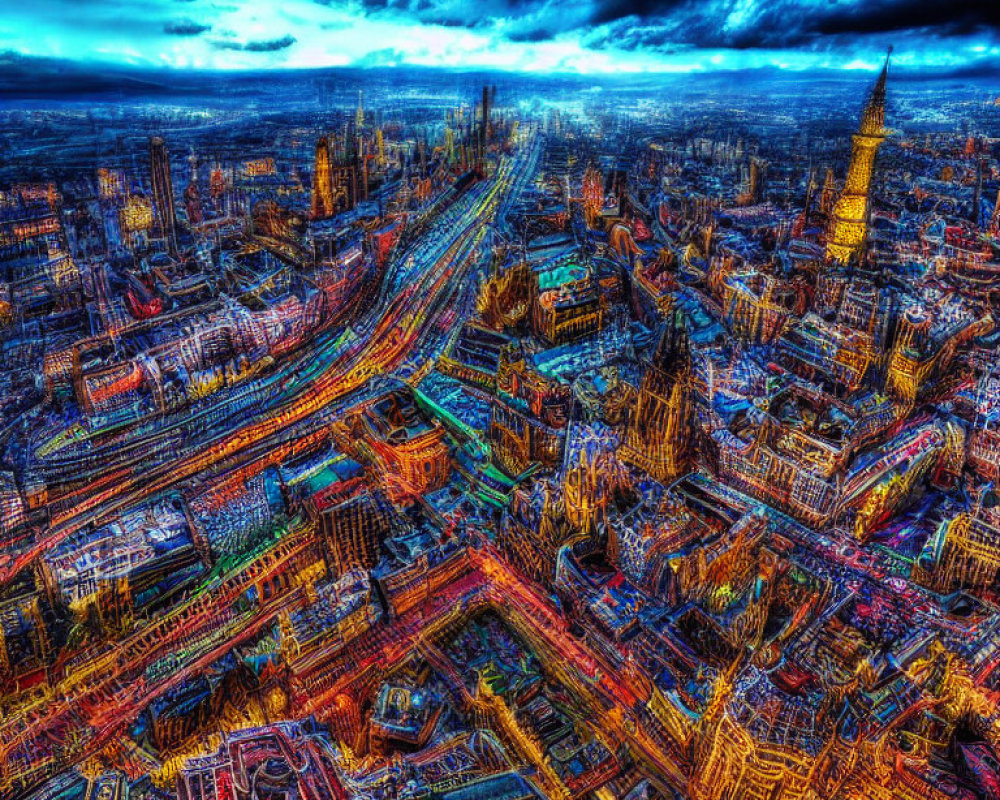 Vibrant aerial view of bustling city at dusk with prominent buildings