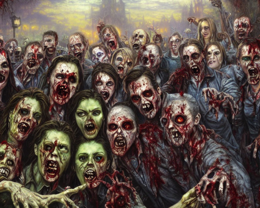 Gruesome zombies with bloodied faces under dim sky