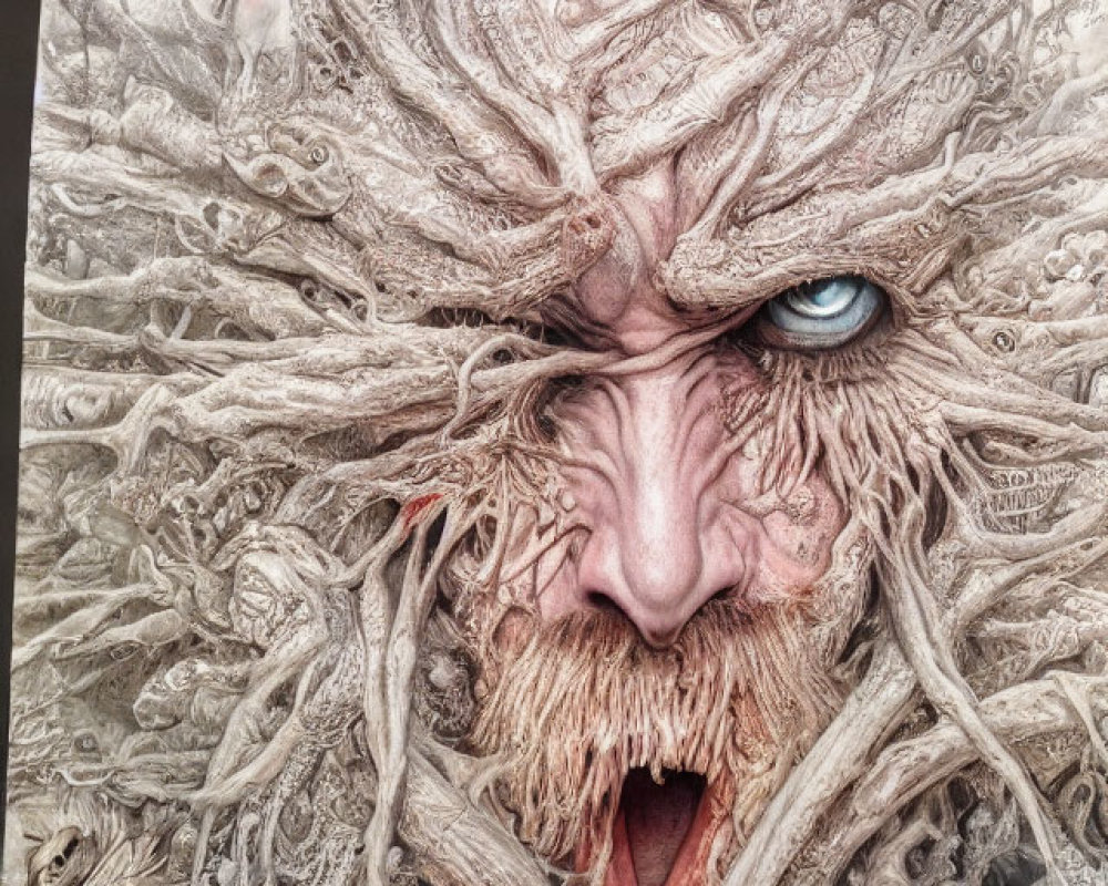 Detailed mythical tree-like creature with bark, roots, branches for hair, blue eyes, fiery mouth