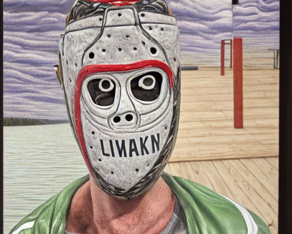 Hockey goalie in mask and jersey with landscape painting.