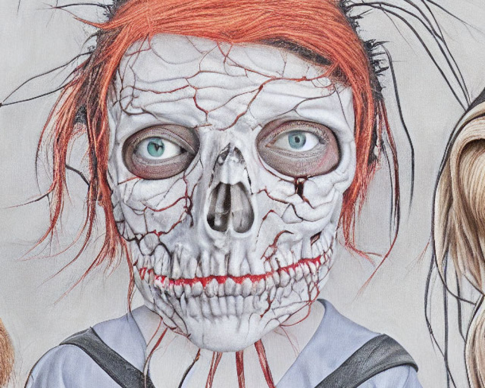 Surreal artwork of figure with skull face and vibrant red hair