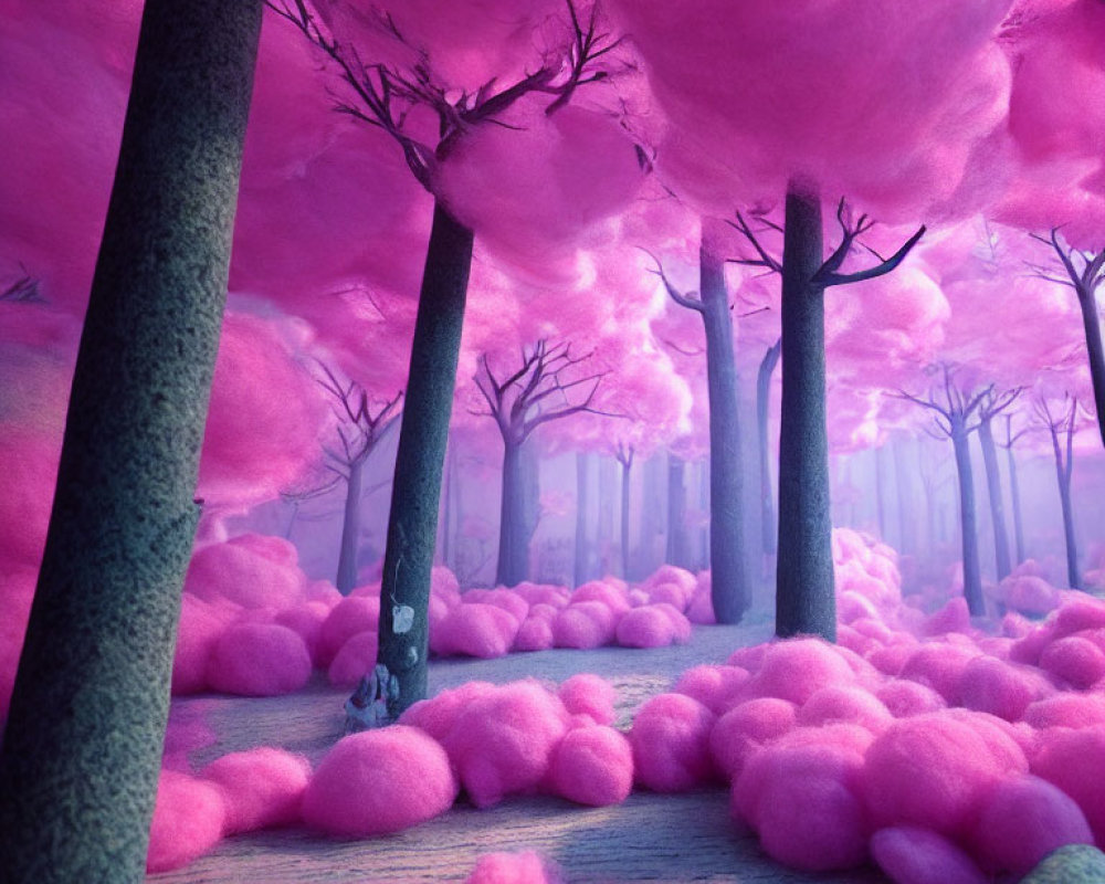 Surreal forest scene with pink clouds and dark tree trunks