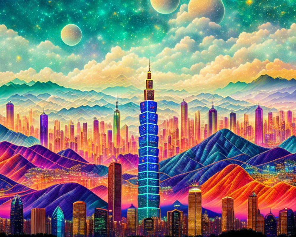 Colorful Urban Skyline with Undulating Hills and Multiple Moons