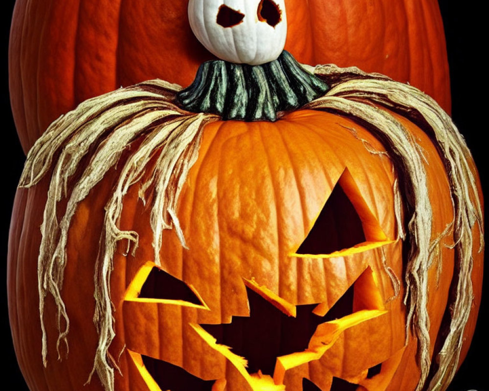 Three Stacked Jack-o'-lantern Pumpkins on Dark Background