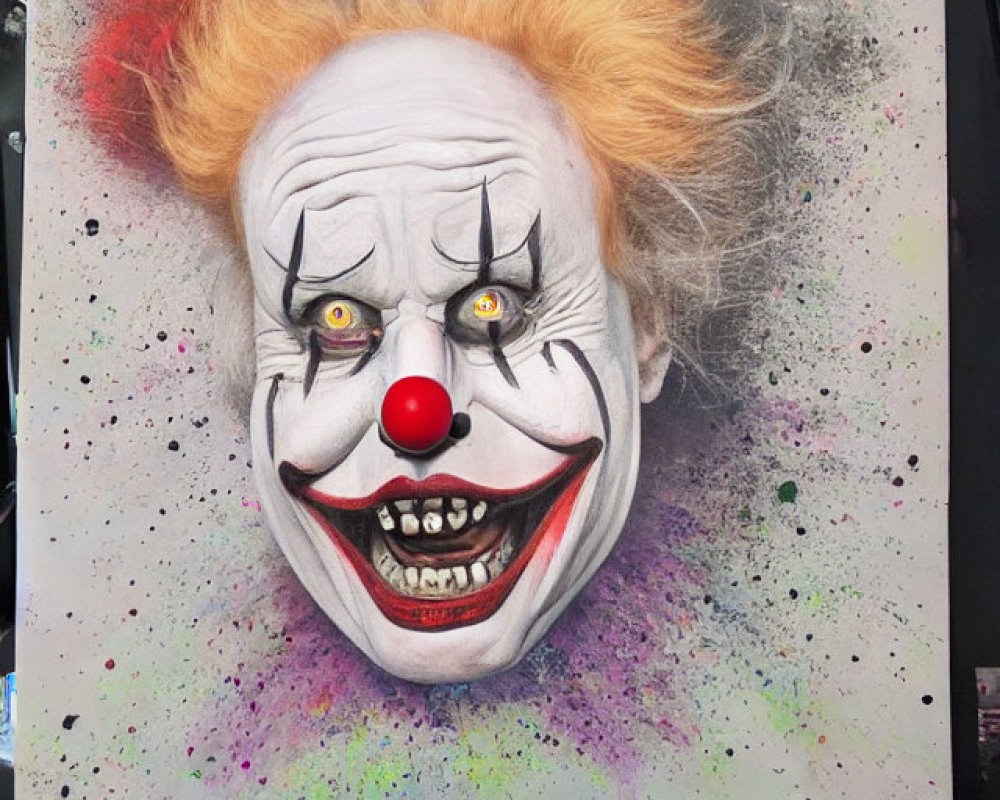 Colorful Clown Drawing with Orange Hair and Red Nose on Easel