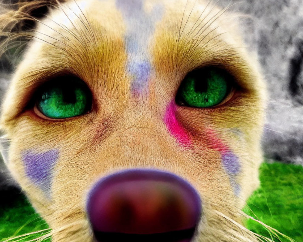 Close-up of dog with green eyes and colorful painted fur on grassy background