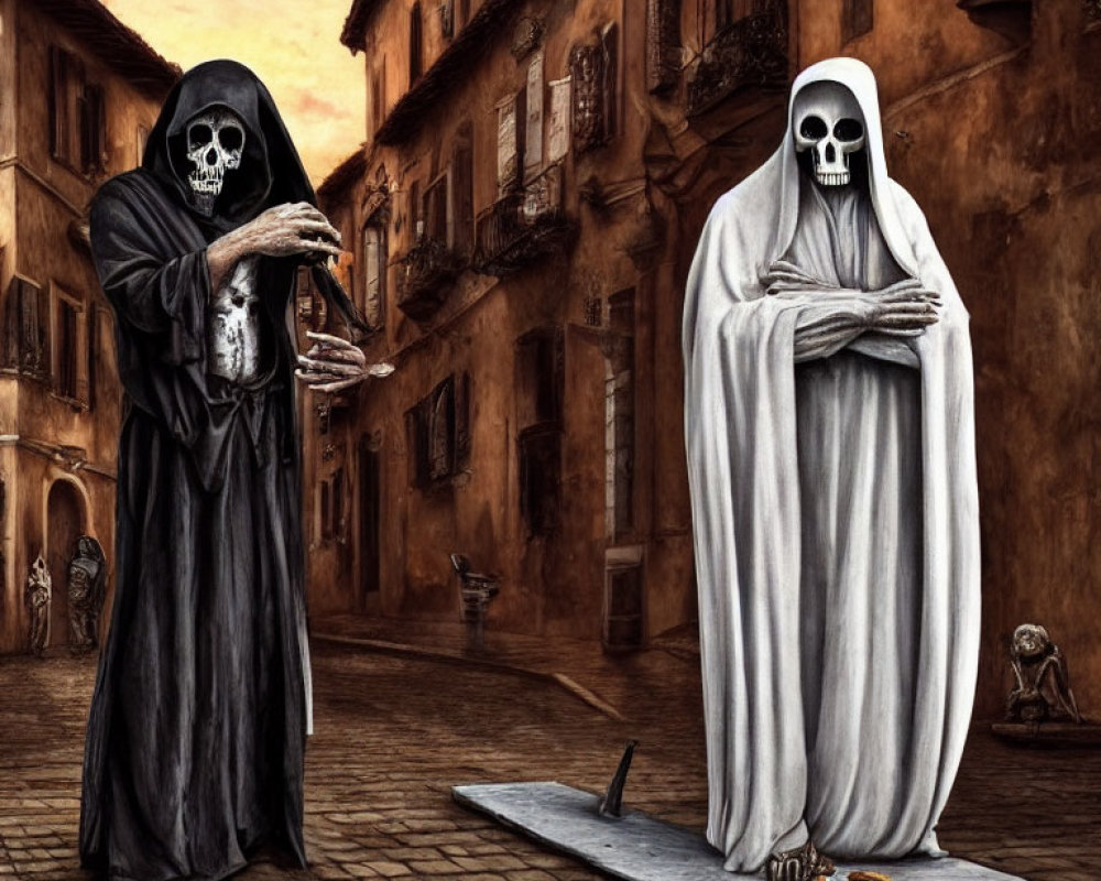 Robed skeletal figures with scythes in deserted street