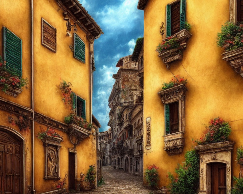 Charming cobblestone street with yellow buildings and red flowers