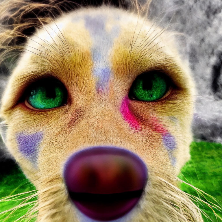 Close-up of dog with green eyes and colorful painted fur on grassy background