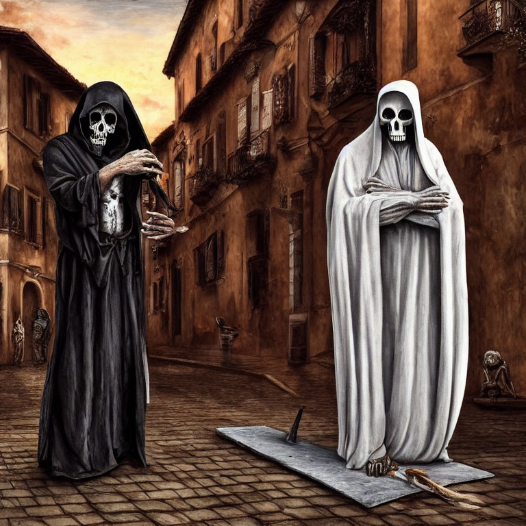 Robed skeletal figures with scythes in deserted street