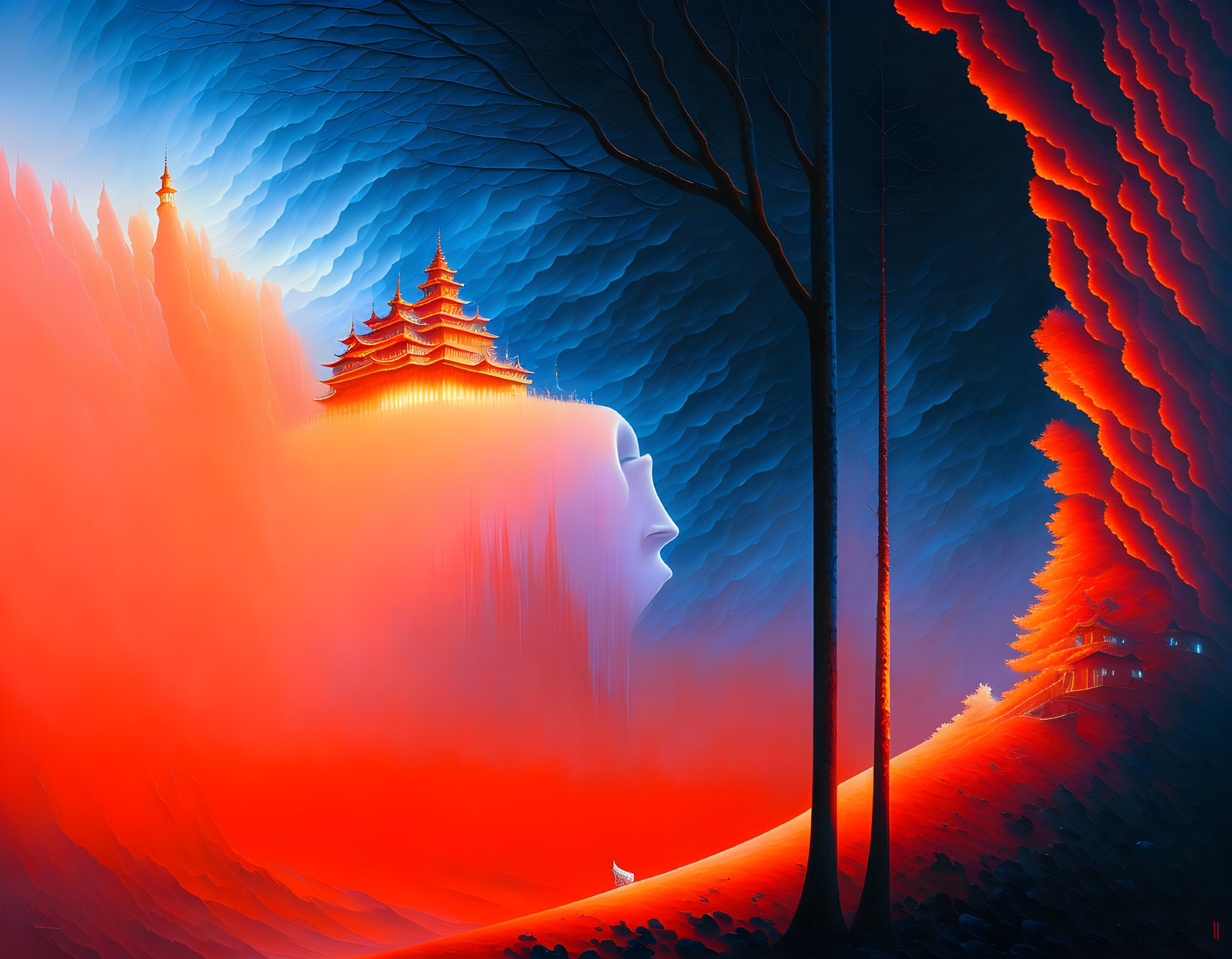 Surreal landscape with giant face merging into fiery forest scene