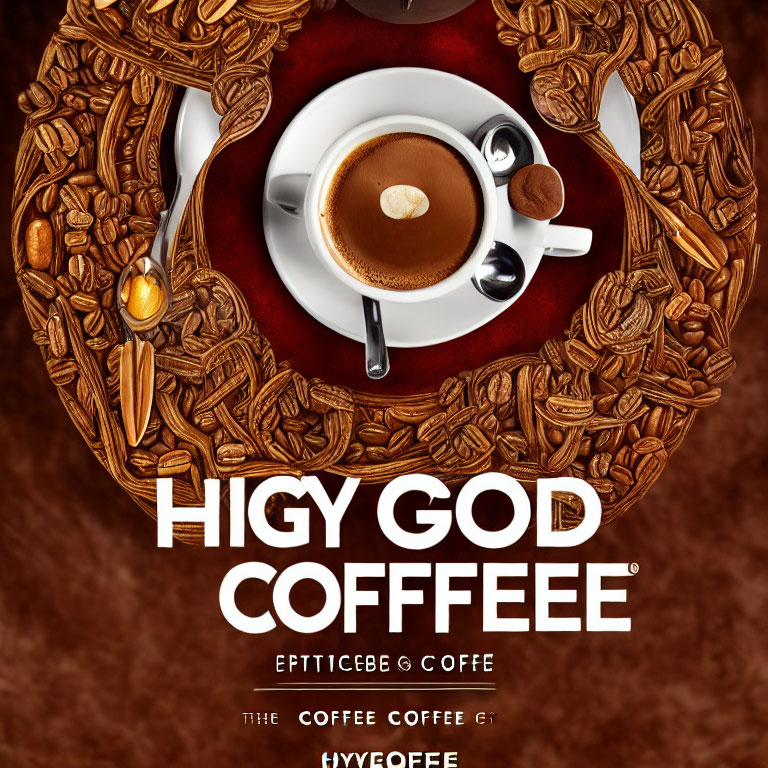 Heart-shaped foam design on coffee cup with 'HIGY GOD COFFEE' text in coffee