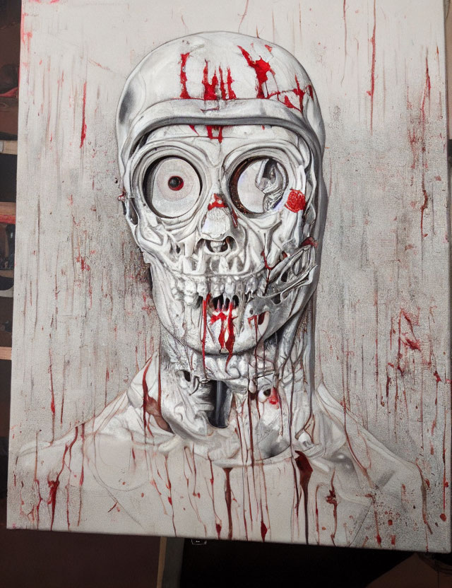 Hyper-realistic painting: Skull with flesh, blood splatters, eye sockets, red flower, bullet