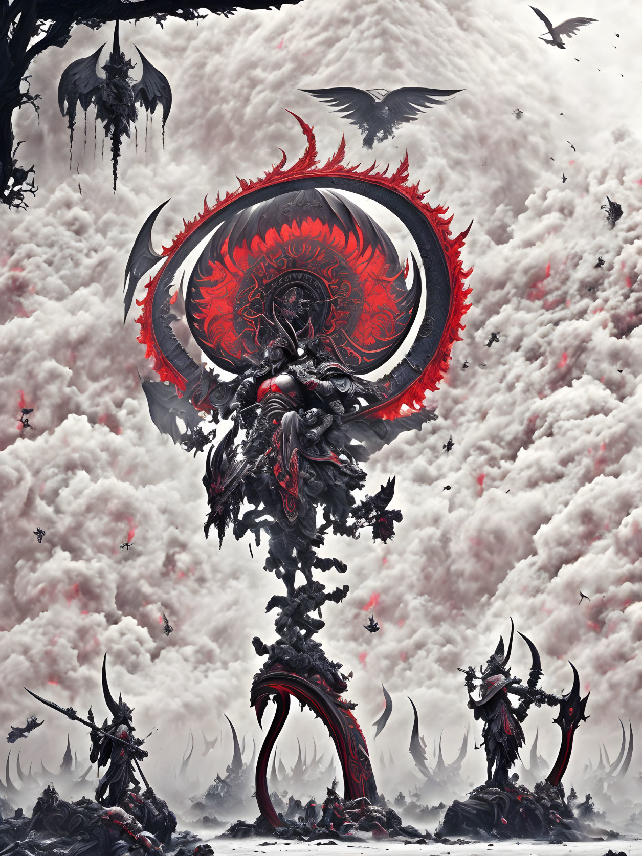 Warrior in circular structure with ominous creatures and gothic backdrop