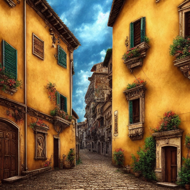 Charming cobblestone street with yellow buildings and red flowers