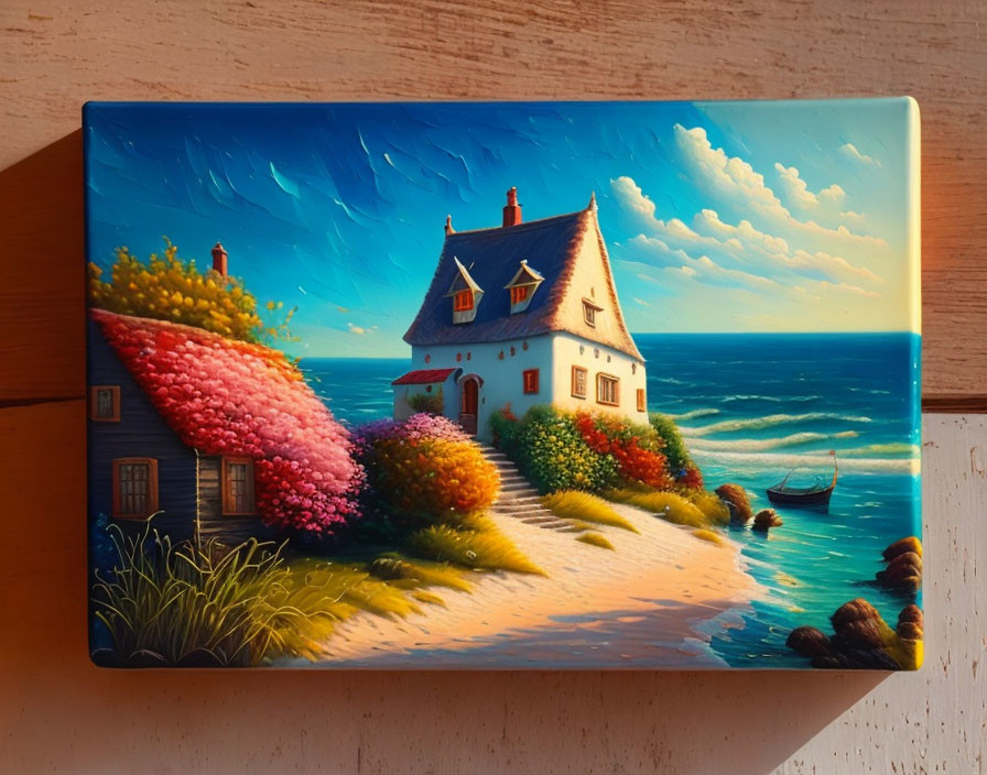 Colorful seaside cottage painting with garden, boat, and dynamic clouds.