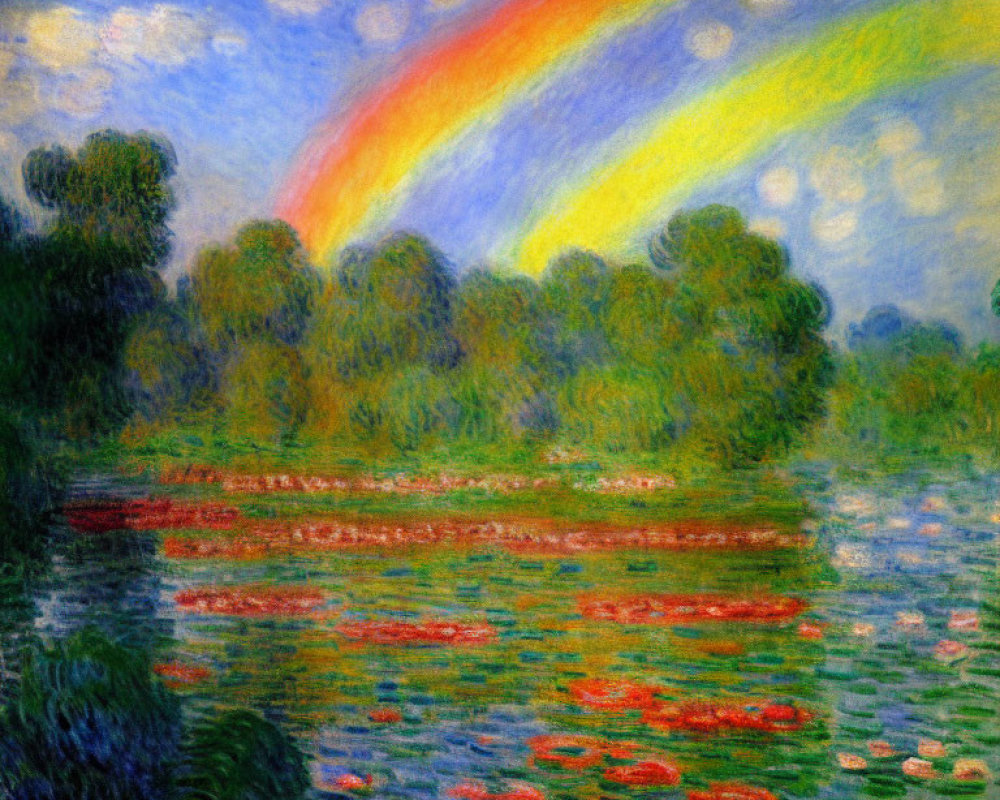 Impressionist Painting: Rainbow Over Pond with Water Lilies