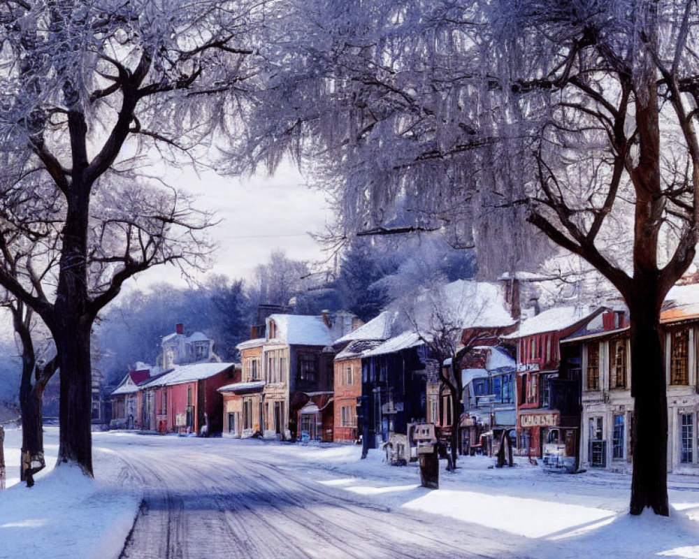 Snow-covered street with colorful buildings and bare trees under clear blue sky