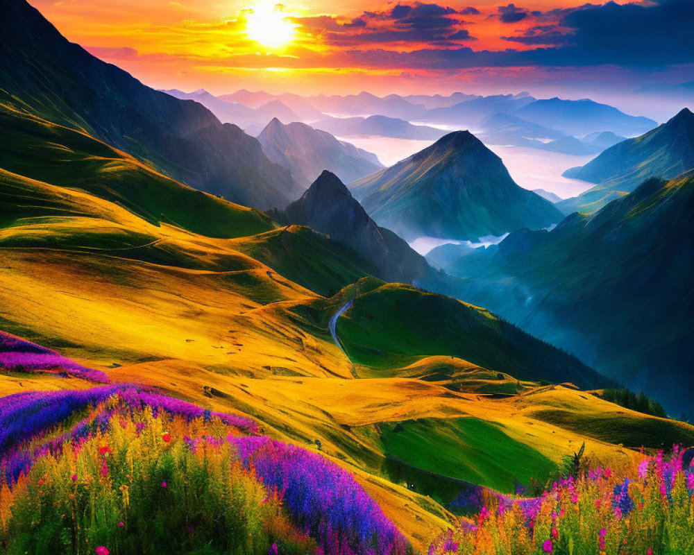 Scenic mountain landscape at sunset with purple wildflowers and winding road