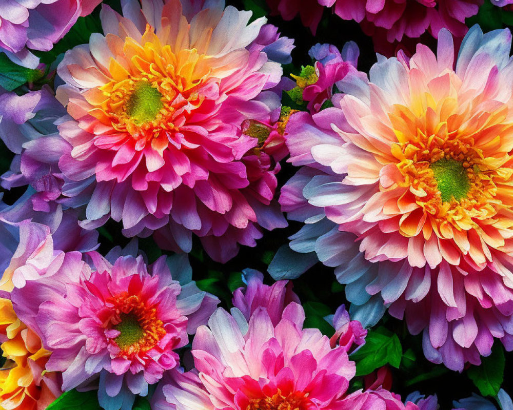 Colorful Dahlia Flowers in Full Bloom: Pink, Orange, Purple