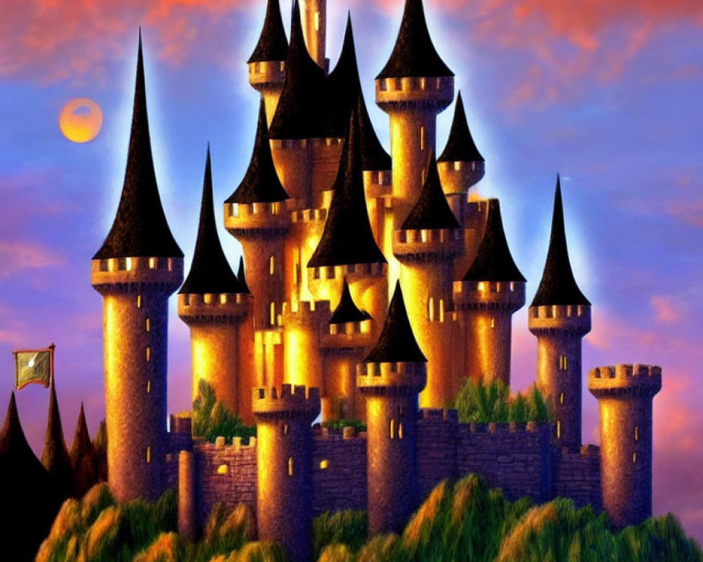 Illuminated fairy-tale castle at dusk with spires, vibrant sky, crescent moon