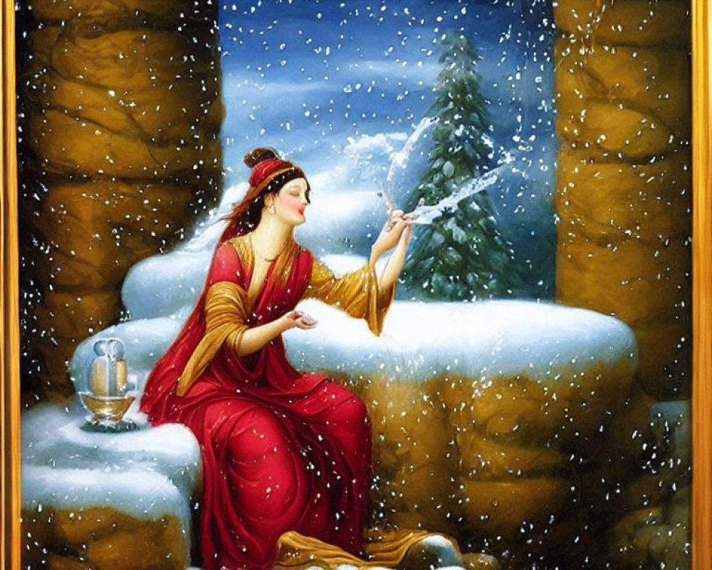 Traditional Indian Attire Woman in Snowfall with Tree and Lamp