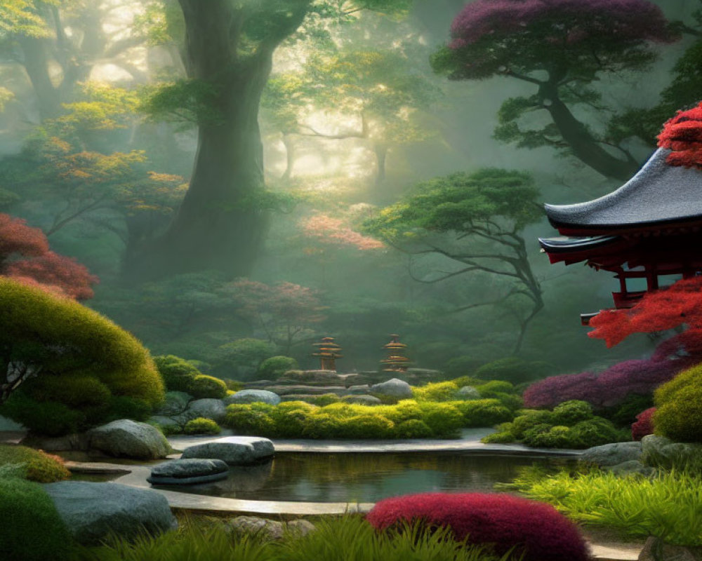 Tranquil Japanese garden with vibrant foliage, stone lanterns, pond, and pagoda.