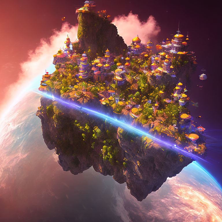 Futuristic floating island above lush green planet