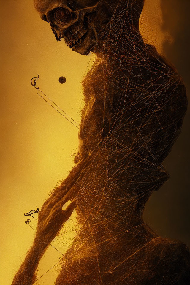 Skeletal figure in golden hue with woven threads and hooks depicting decay.