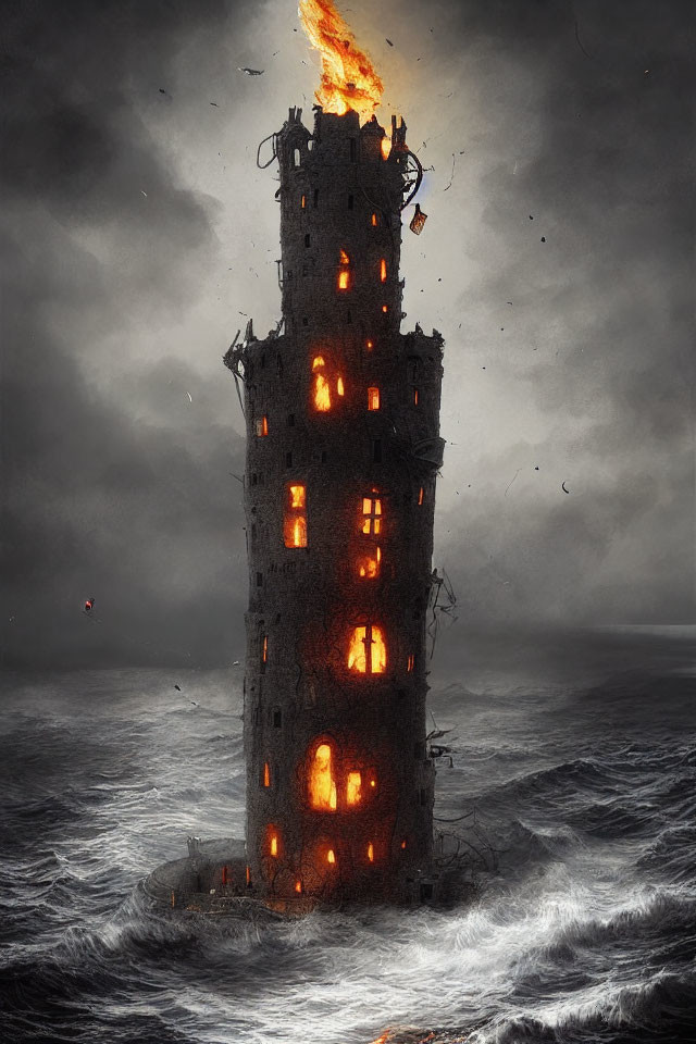 Dark tower engulfed in flames amidst turbulent sea waves and cloudy sky