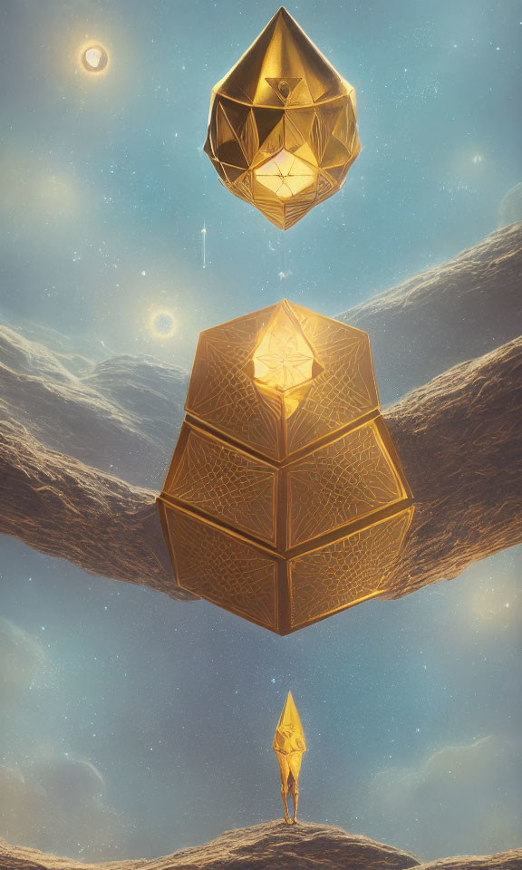 Surreal artwork featuring floating golden shapes in celestial setting