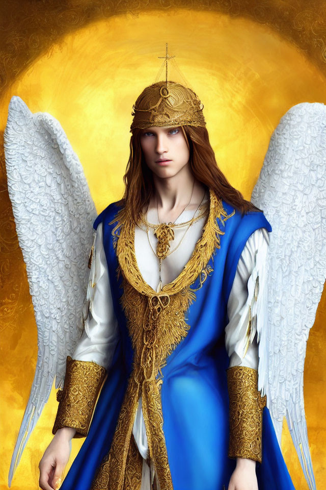 Angel wings person in gold helmet and robes with jewelry on golden background