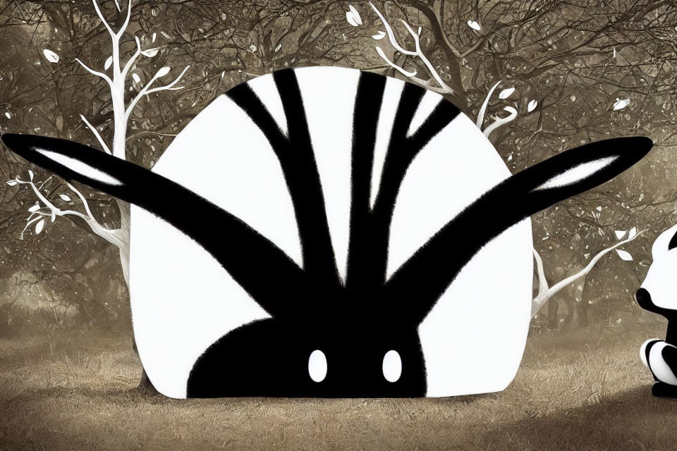 Monochrome creature with stripes and big eyes in forest setting